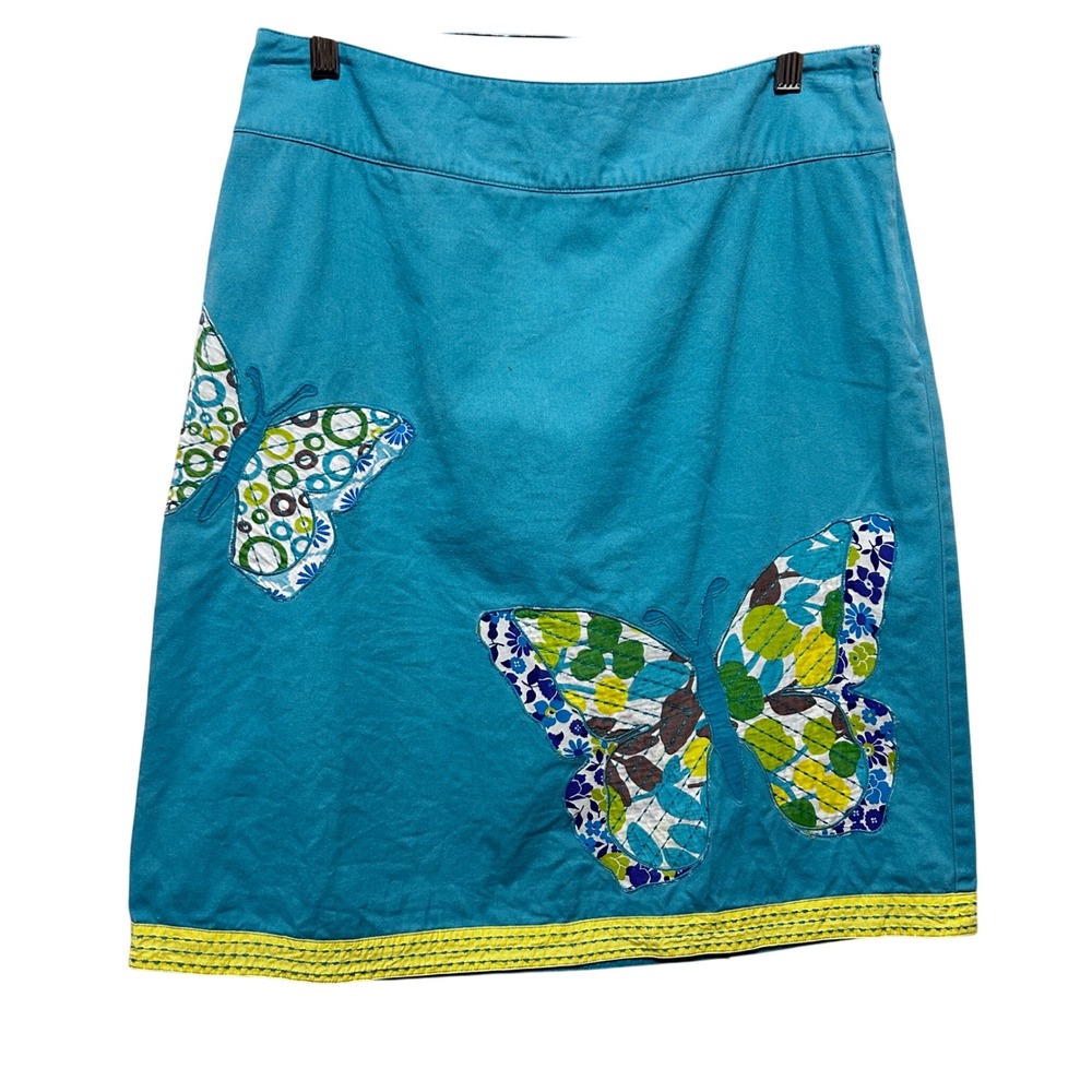 Boden Midi Skirt 8 Turquoise‎ Butterfly Applique Whimsical Artsy Cottagecore